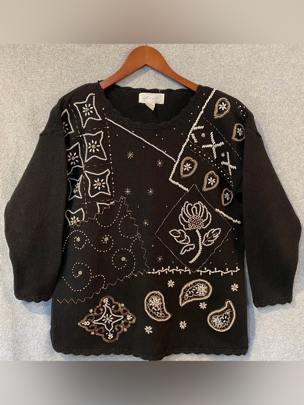 Vintage Margules Sweater Embellished Faux Pearl & Gold Beads Black Size M